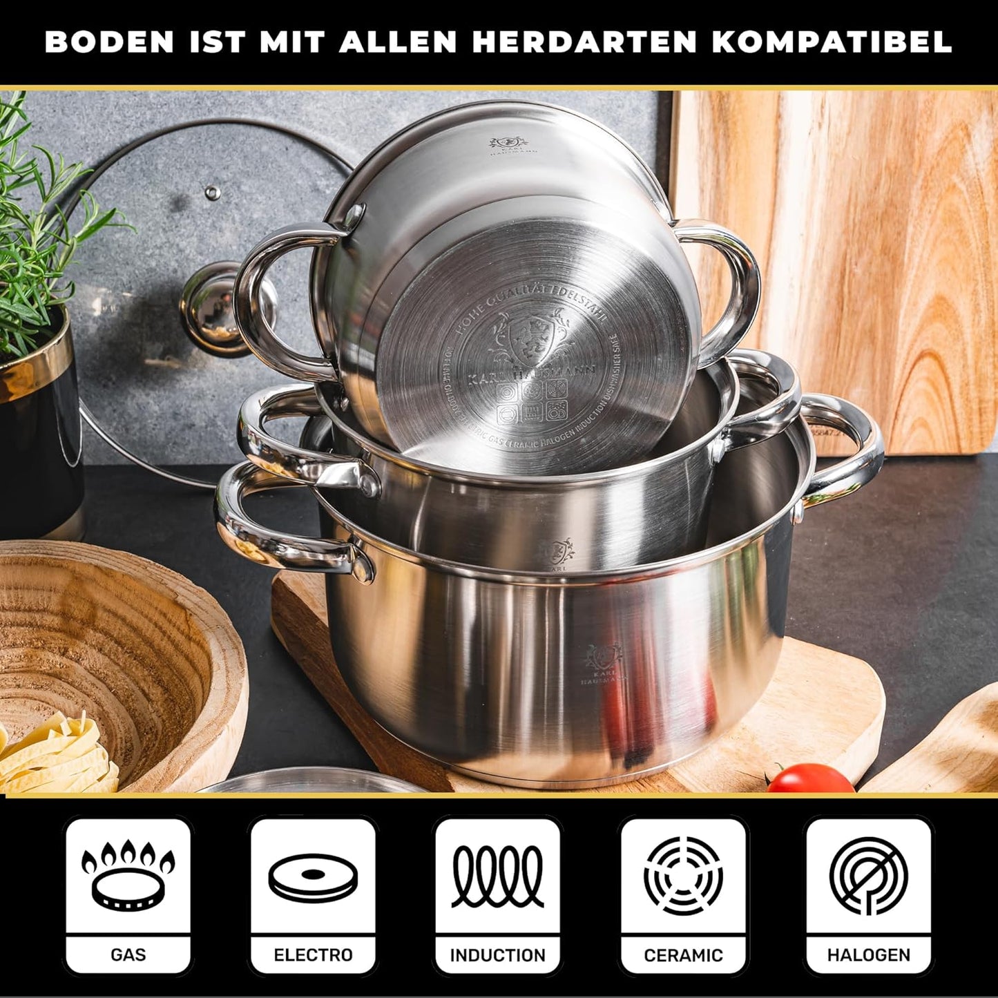 Topfset Induktion 4-teilig mit Glasdeckel
