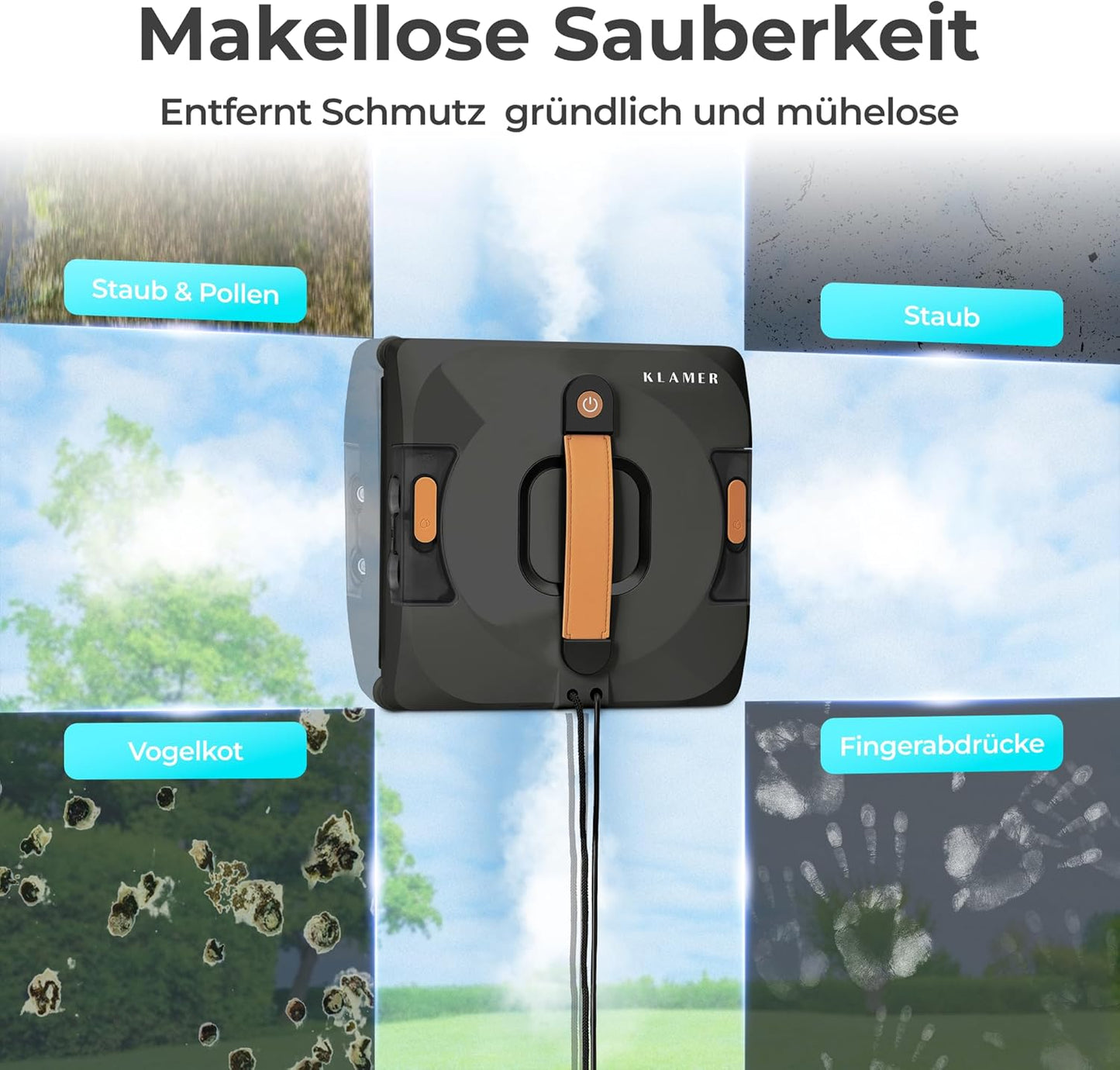 Fensterputzroboter, Kompakter Fensterroboter mit automatischer Kanten-Erkennung, Schwarz