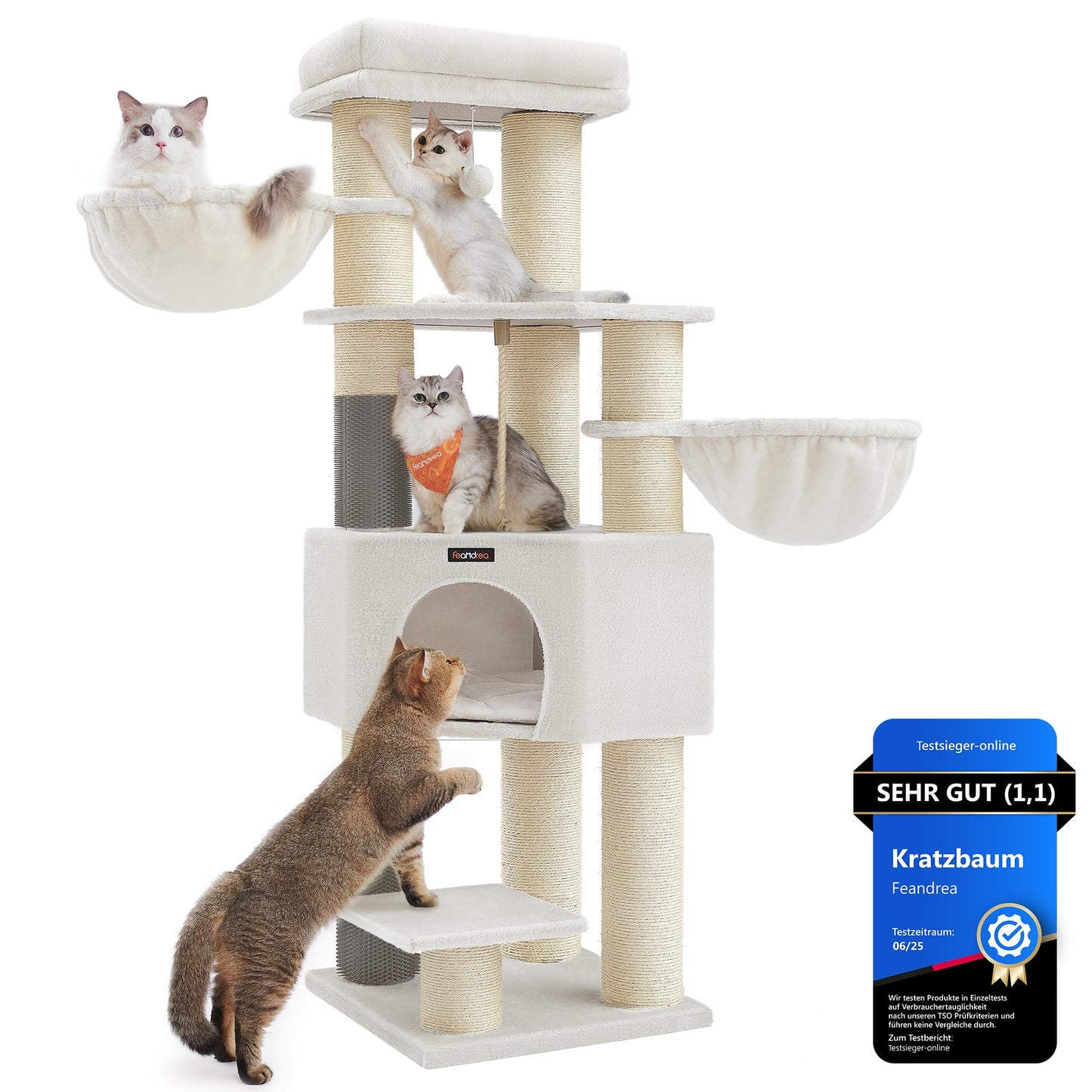 Kratzbaum für grosse Katzen mit Bürsten und Höhle, cremeweiss + beige