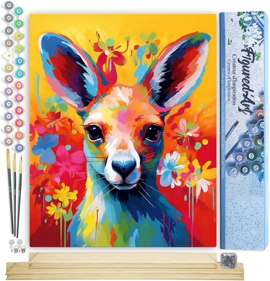Malen nach Zahlen - Abstraktes farbenfrohes Känguru, Känguru Farbenfroh Abstrakt 40x50cm Mit Keilrahmen (nicht gespannt)