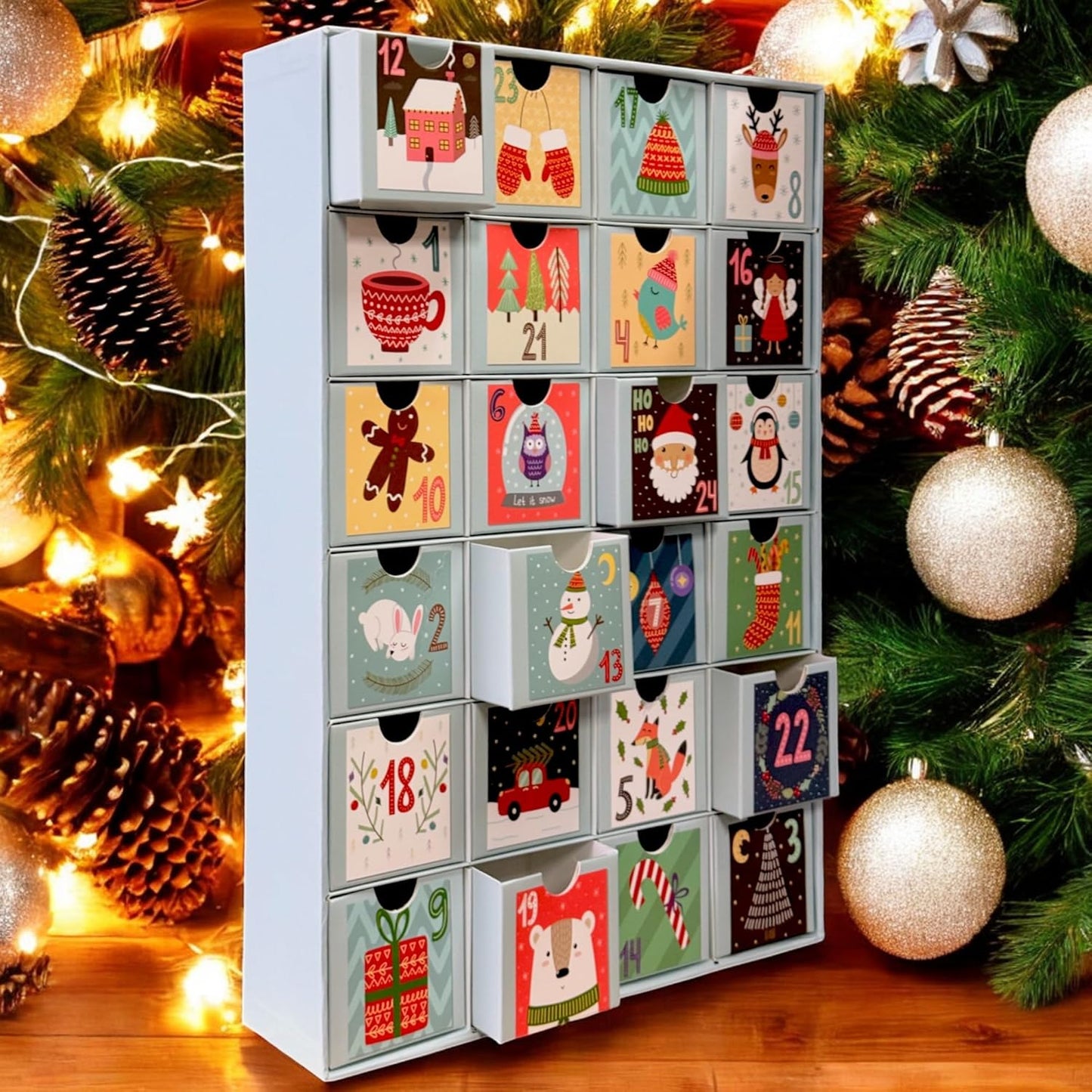 Adventskalender mit 24 Schubladen-Boxen, Zahlen & süße Motive