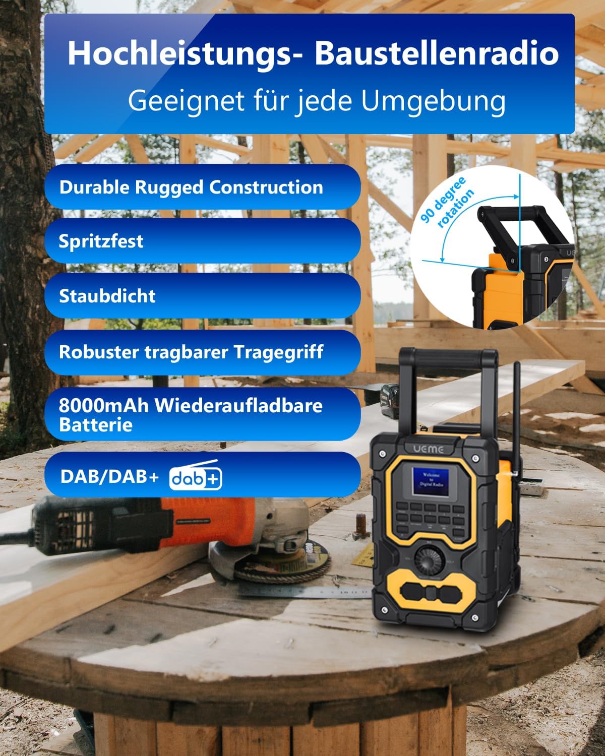 Baustellenradio mit Bluetooth und Powerbank, Gelb-Schwarz
