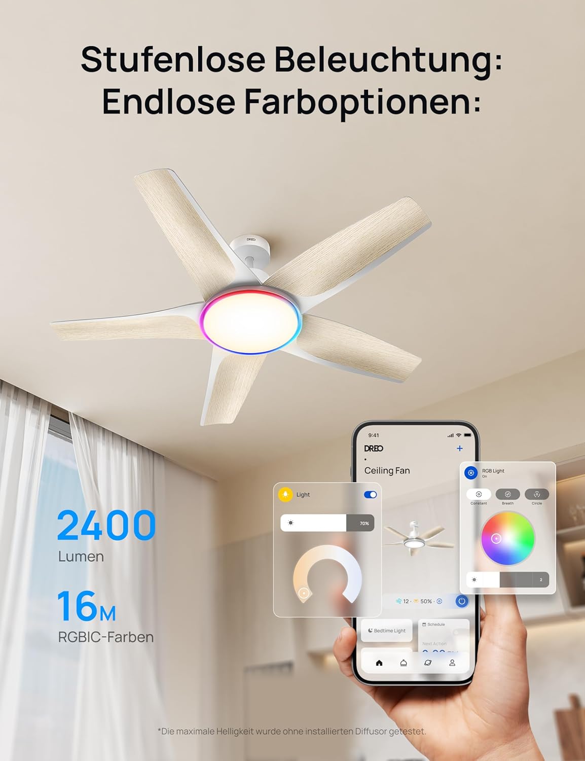 Smarter Deckenventilator mit Licht und App-Steuerung, Weiss