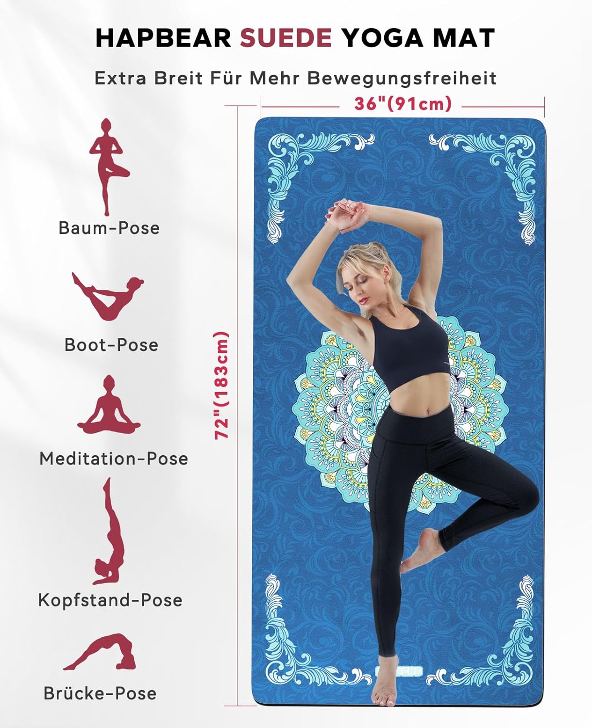 Rutschfeste Yogamatte, Wildleder-183cm x91cm x 6mm 6MM