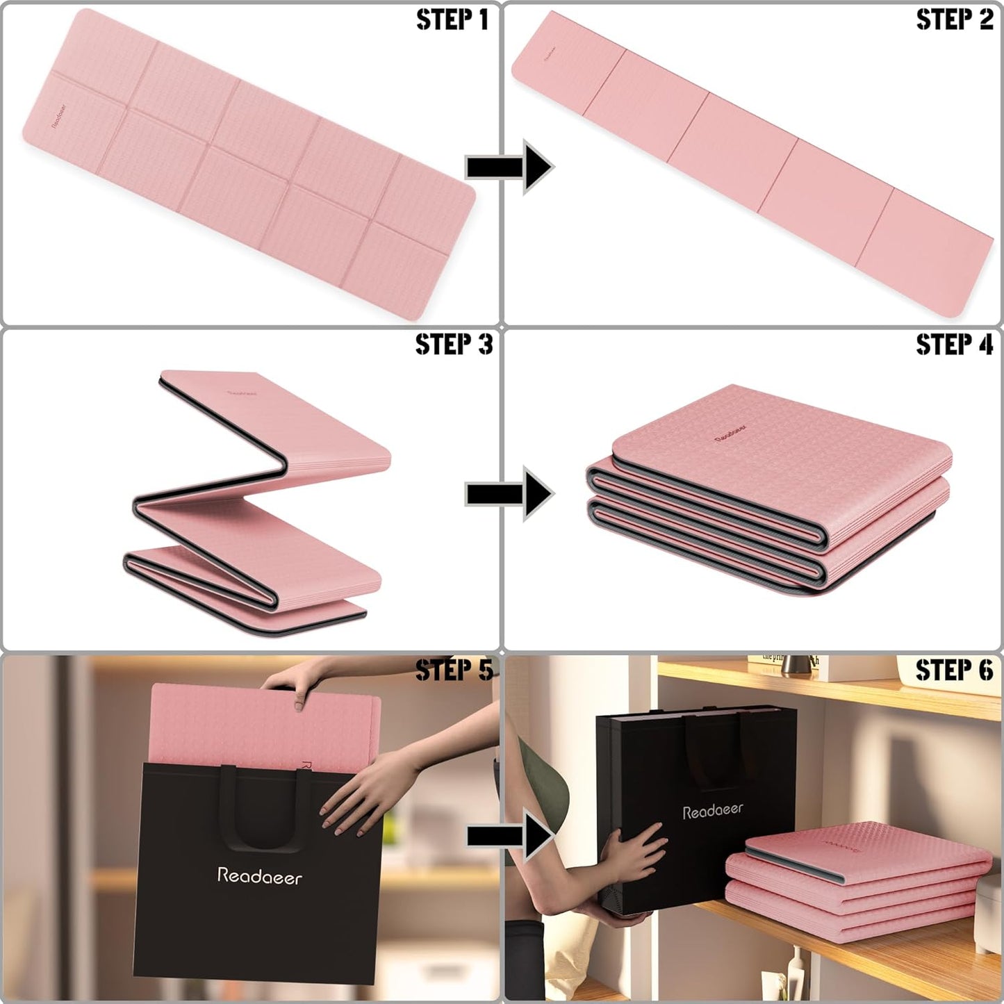 Faltbare Yogamatte mit Tragetasche, Pink + Grau