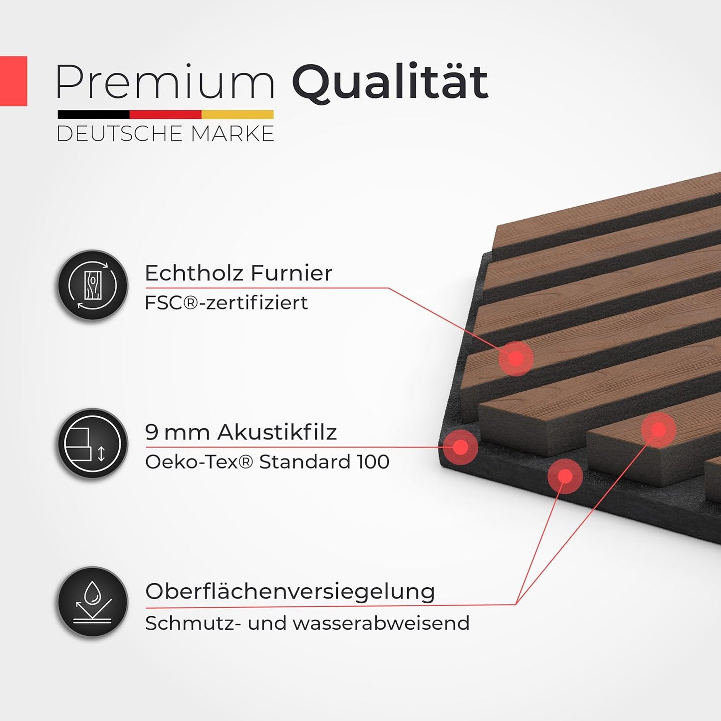 Akustikpaneele 3D, 9 Stück | 30 x 26 x 2,1 cm Holzfurnier Walnuss | Akustikfilz Schwarz