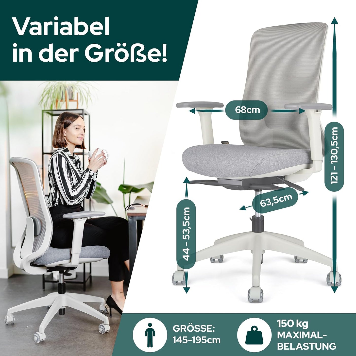 Ergonomischer Bürostuhl mit Lordosenstütze, Ohne Kopfstütze Hellgrau/ Grau