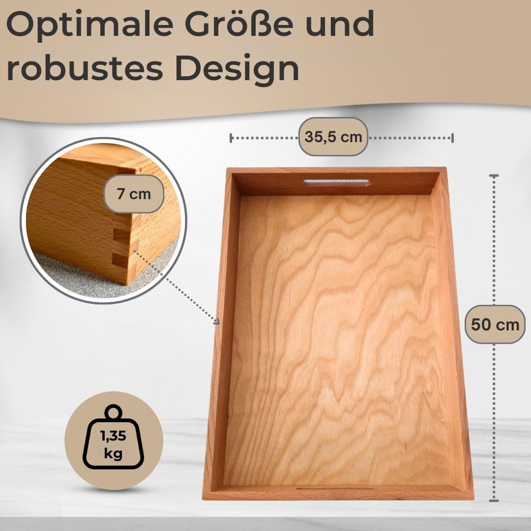 Serviertablett mit Griffen extra hoher Rand, Küchentablett Natur Büche Geölt