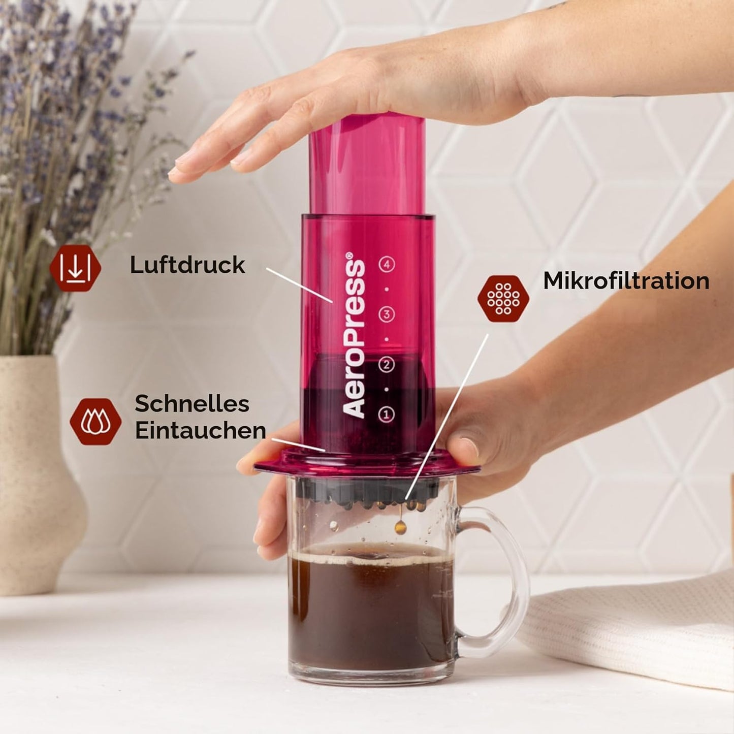 Clear Pink Kaffeepresse für Reisen & Camping, Rosa Standard