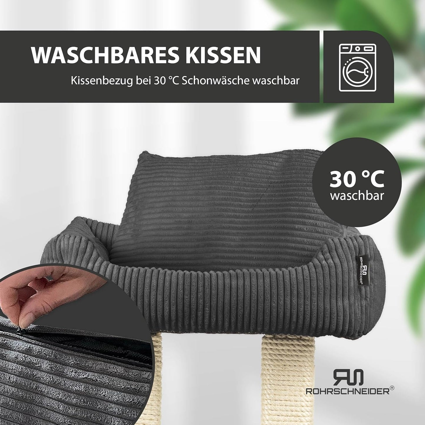 Kratzbaum Wolly mit Katzenbett und Kissen, Cordstoff breit dunkelgrau