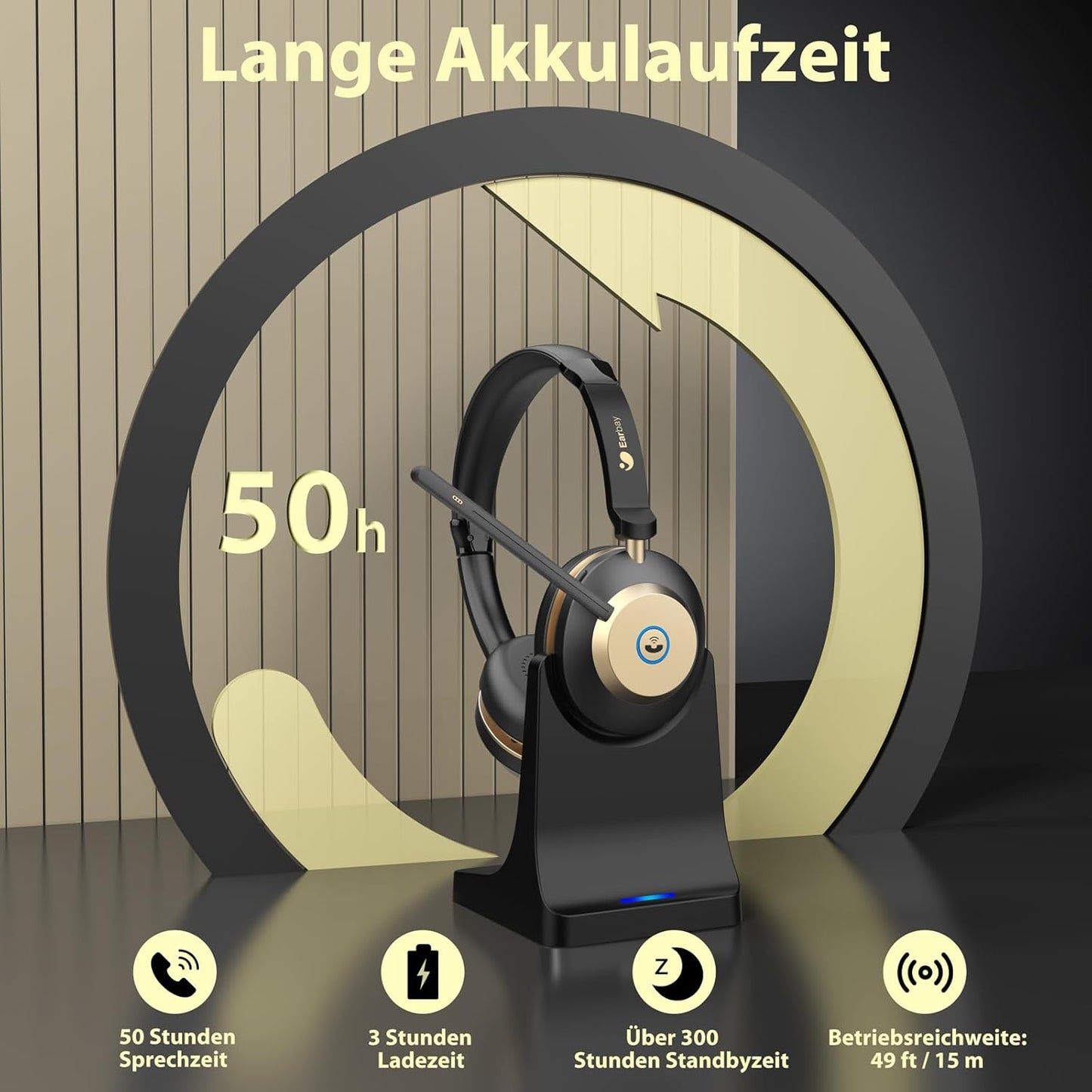 Kabelloses Bluetooth-Headset mit Mikrofon, Black Gold