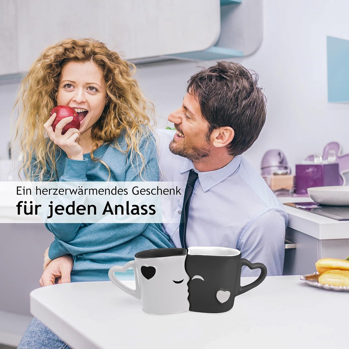 Küssende Tassen Keramik-Set als Geschenkidee, Schwarz