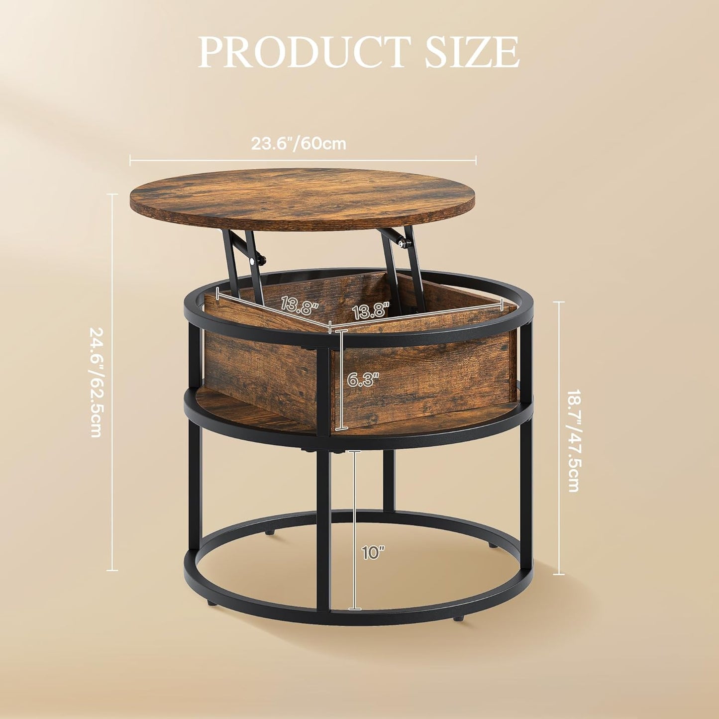Runder Couchtisch mit Hebeplatte und Stauraum, 60X60X47CM Rustikales Braun