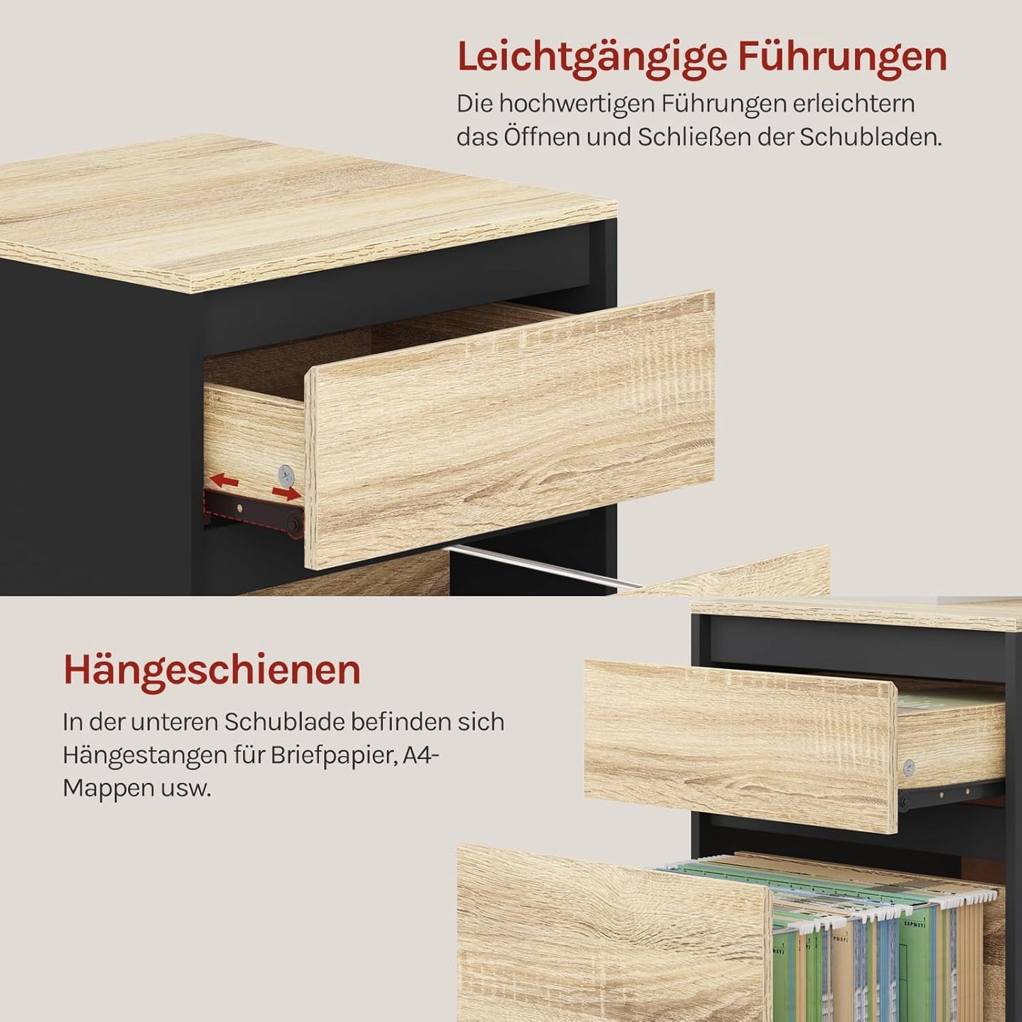 Rollcontainer mit 2 Schubladen, Hell Eiche