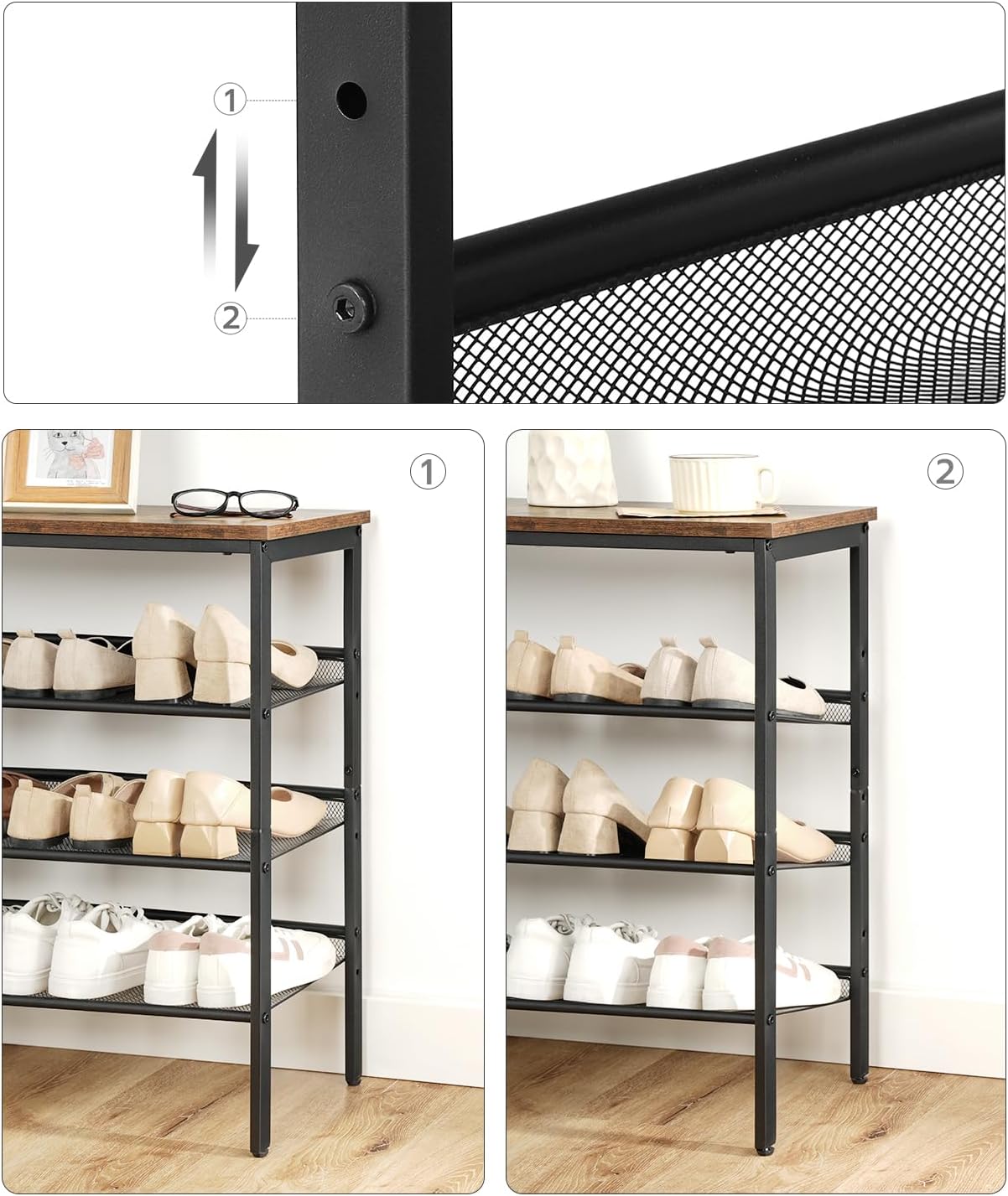 Schuhregal mit verstellbaren Metallgitterregalen (4 Ebenen), Dunkelbraun + Schwarz 75 x 30 x 69 cm