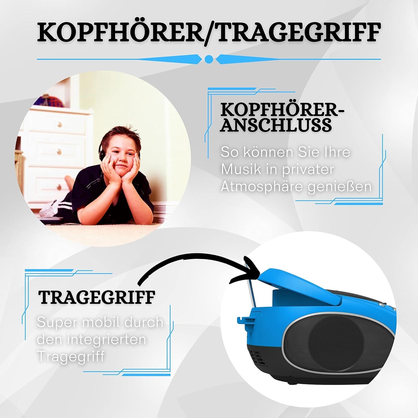 Tragbare Boombox mit CD-Player und Bluetooth, Blau