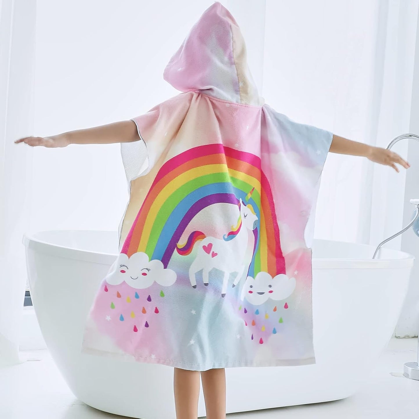 Badetuch-Poncho für Kinder mit Regenbogen-Einhorn-Motiv, Regenbogen Einheitsgröße
