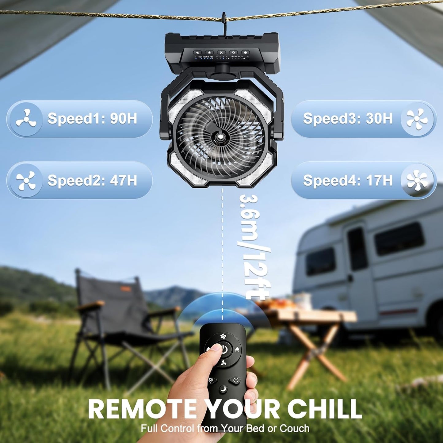 Akku Campingventilator mit Sprühfunktion und Fernbedienung, Schwarz