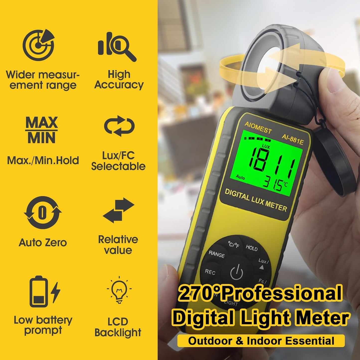AI-881E Luxmeter mit drehbarem Detektor, 300.000 Luxmeter