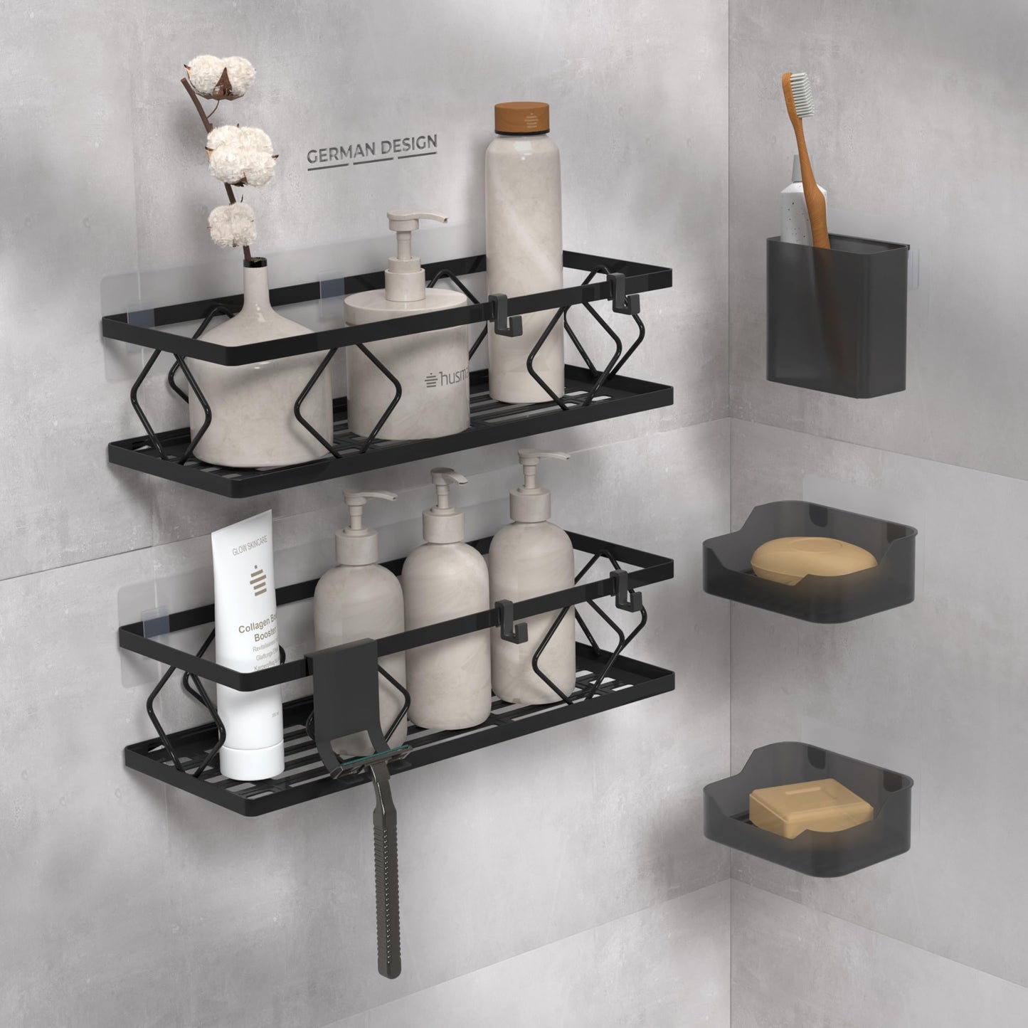 10-teiliges Duschablage-Set ohne Bohren, Set | Schwarz