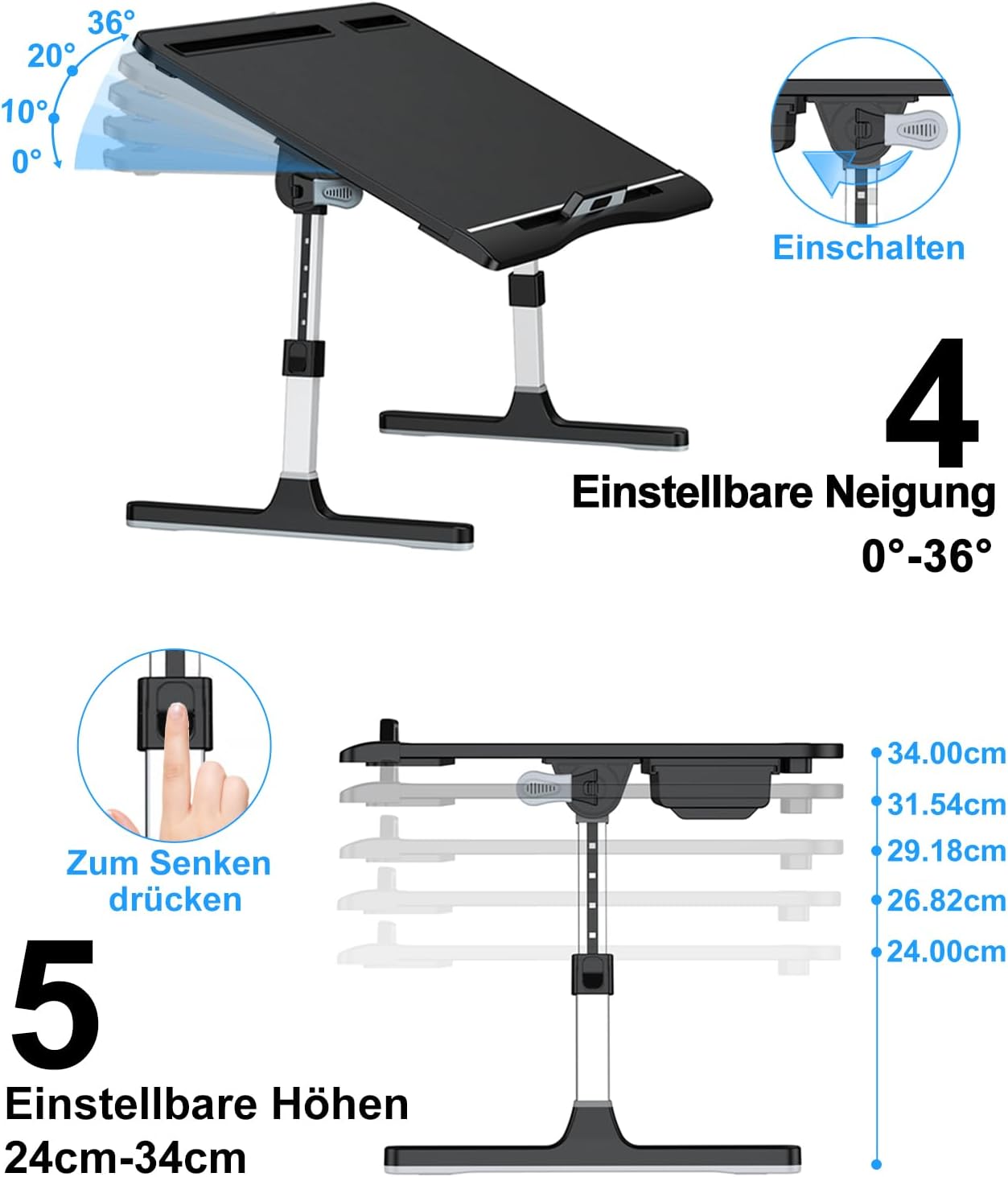 Einstellbarer Laptop-Betttisch, Schwarz