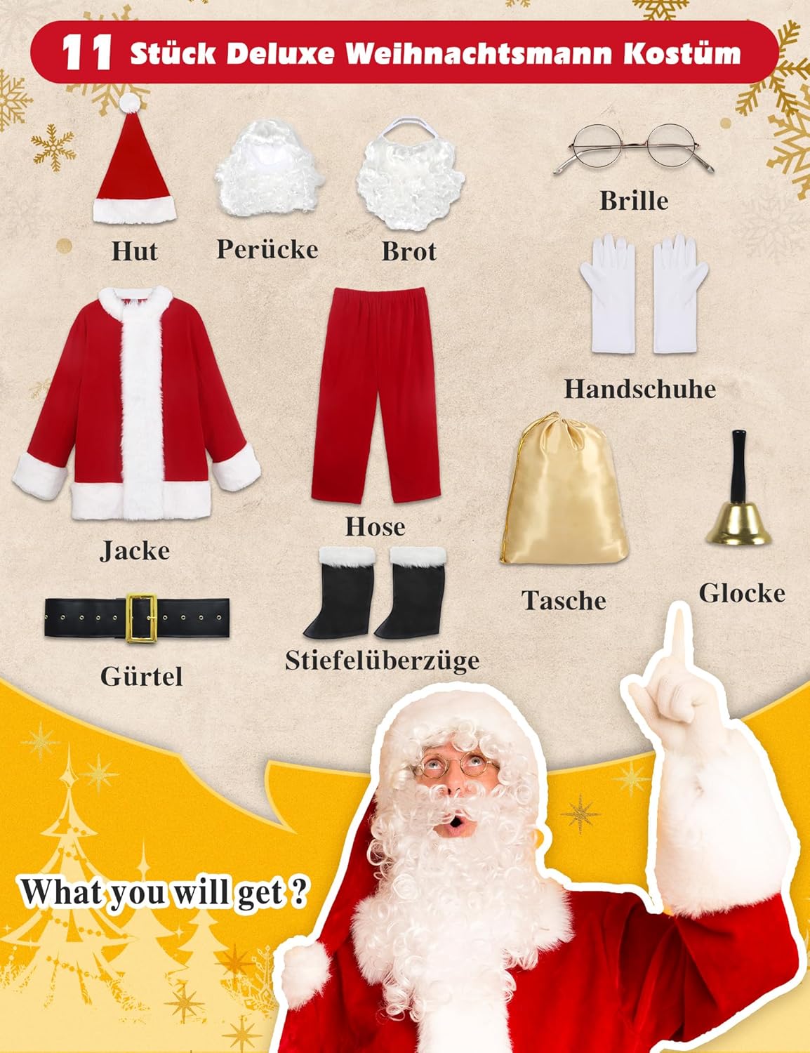 11-teiliges Weihnachtsmann Kostüm, L