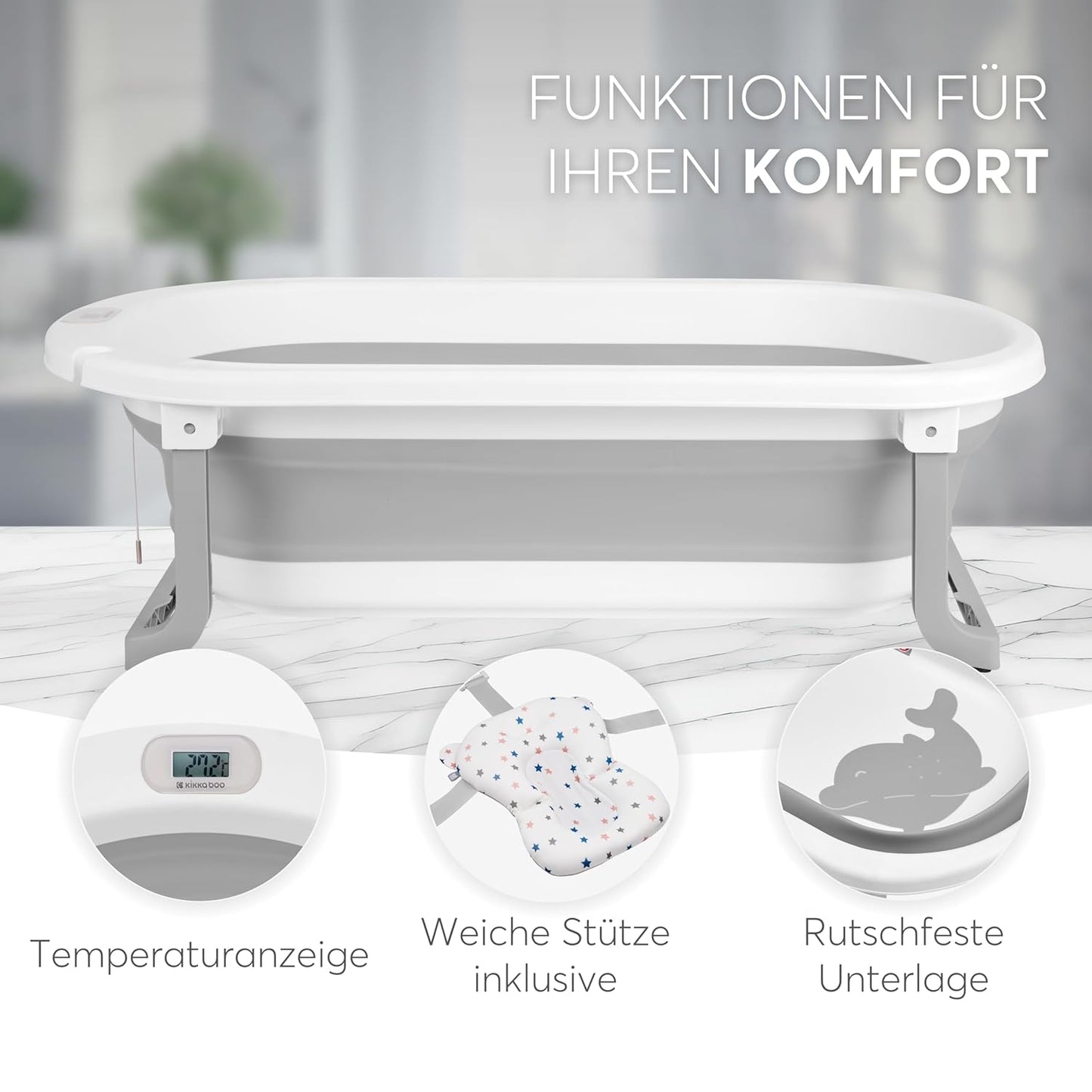 Faltbare Babybadewanne mit Temperaturanzeige, Grau