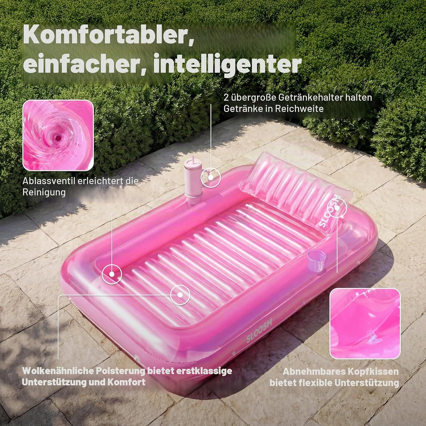Aufblasbarer Sonnenpool mit abnehmbarem Kissen und Getränkehalter, Rosa L