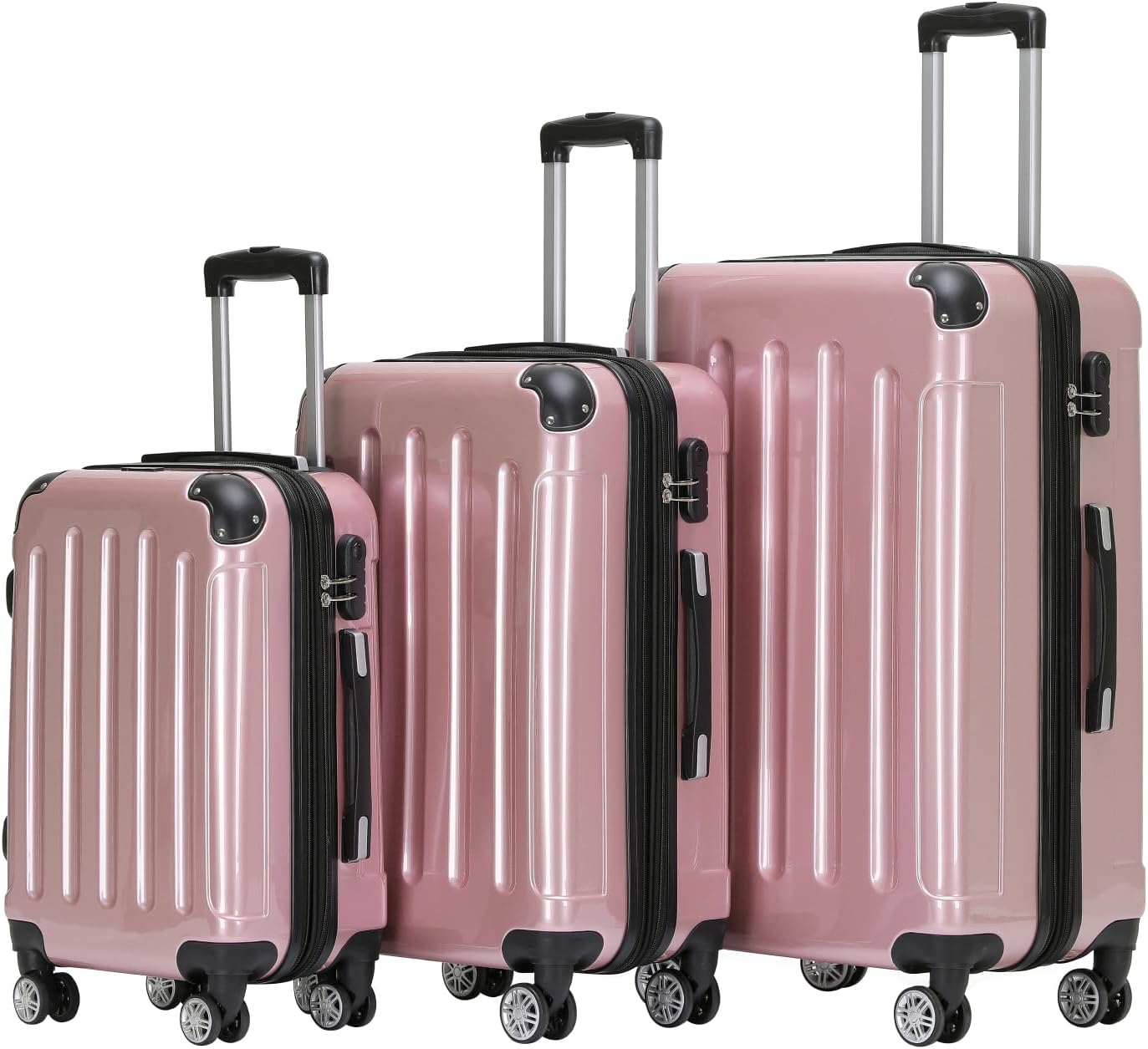 3-teiliges Hartschalenkoffer-Set mit 4 Zwillingsrollen und Zahlenschloss, Rosa Gold Kofferset