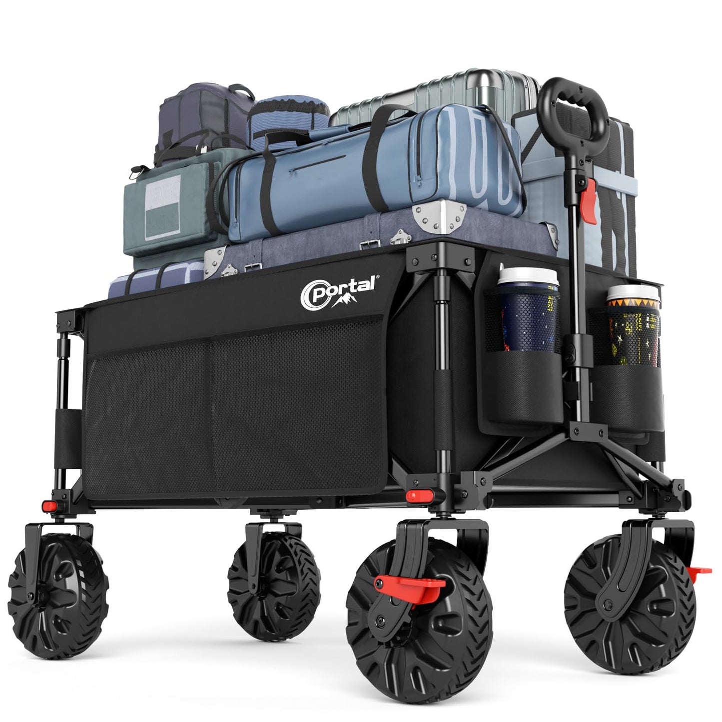 Faltbarer Bollerwagen mit Bremse und Seitentasche, Upgrade Schwarz