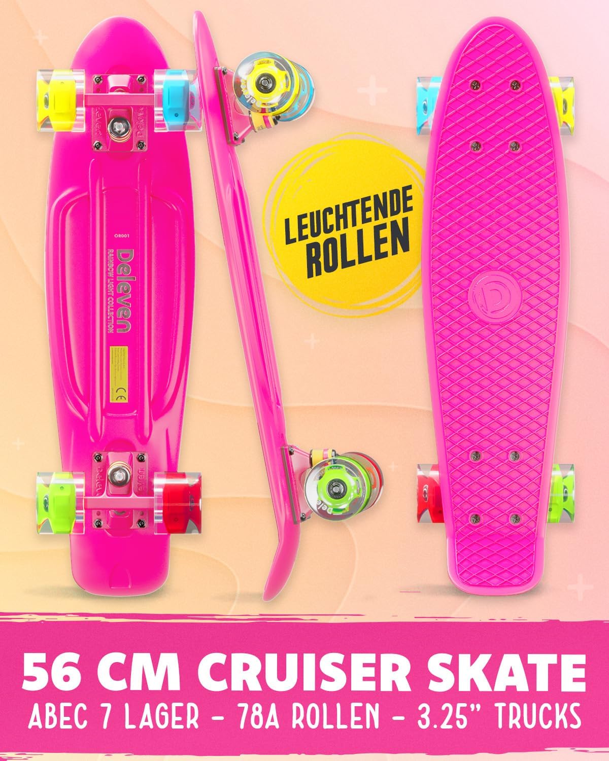 Skateboard mit LED-Rollen für Anfänger, 10 LED Rosa