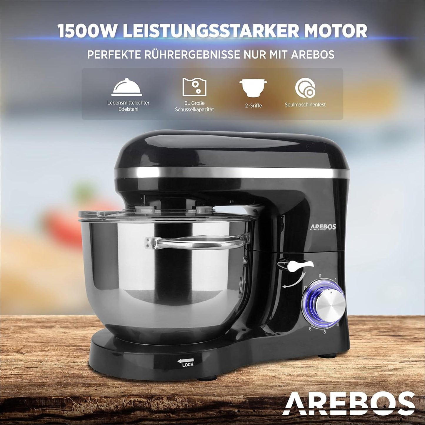 Küchenmaschine mit Edelstahl-Rührschüssel, Schwarz