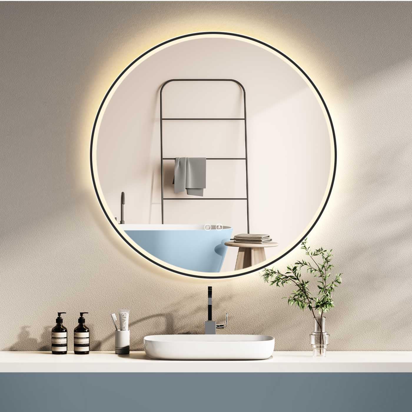 LED-Badspiegel, 60L x 60B cm, Schwarz Rund