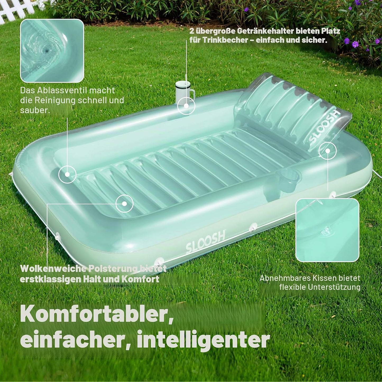 Aufblasbarer Sonnenpool mit abnehmbarem Kissen und Getränkehalter, Cyan XL