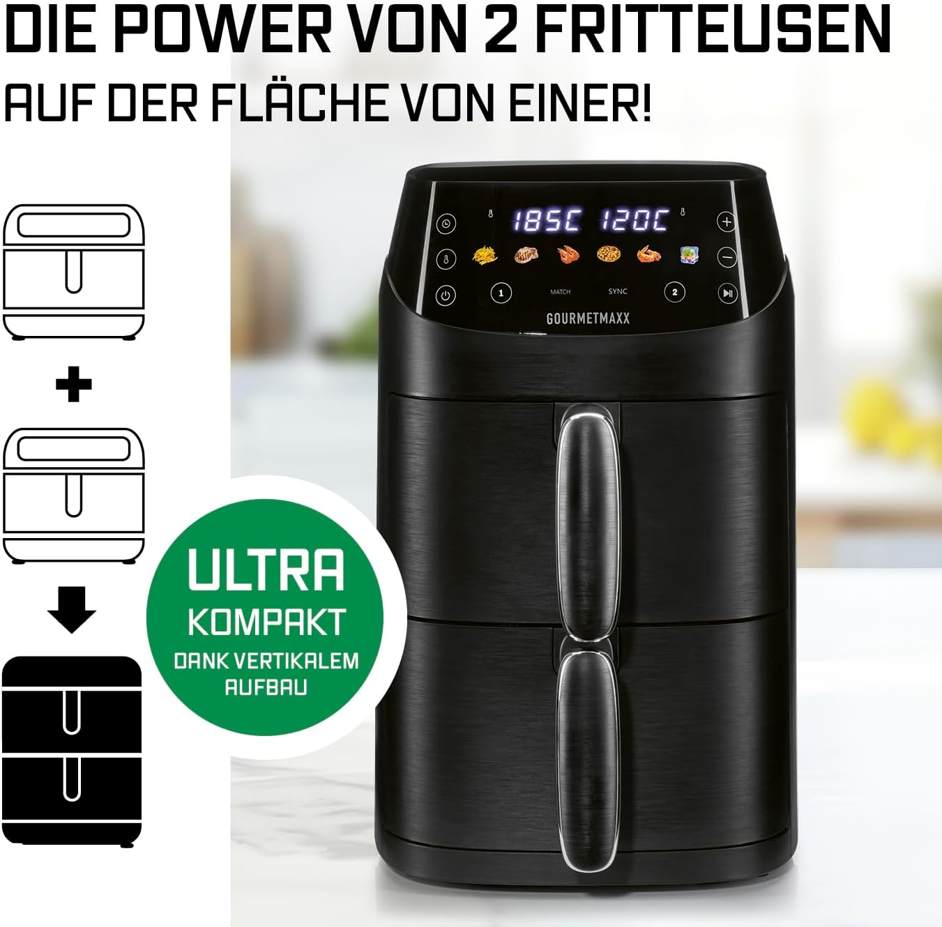 FryUp Vertikale Doppelkammer Heissluftfritteuse mit MultiColour-LED-Touchdisplay, Schwarz 5 Liter (2x 2,5L)
