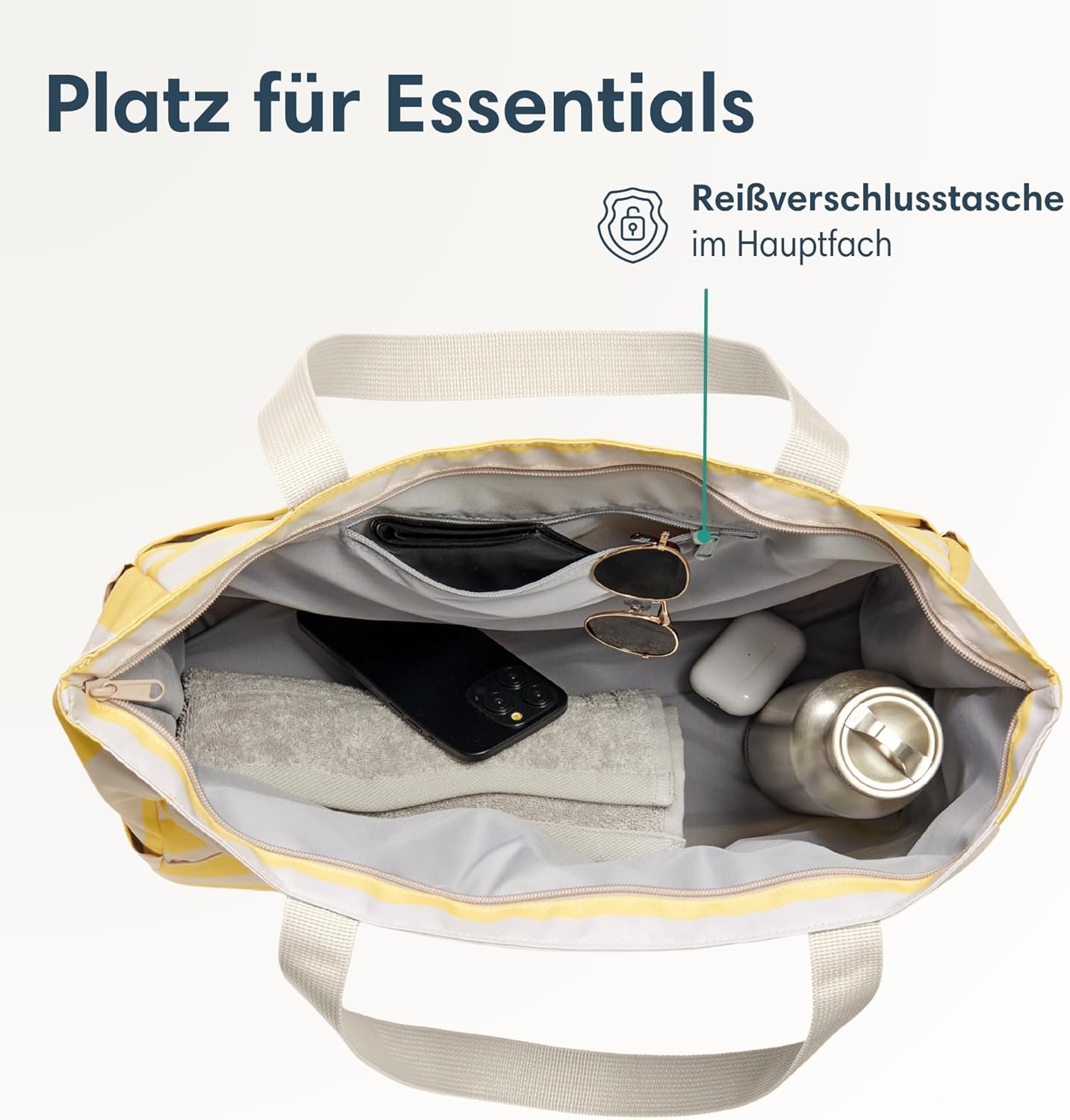 Strandtasche Linn mit Reissverschluss, Gelb - Gestreift