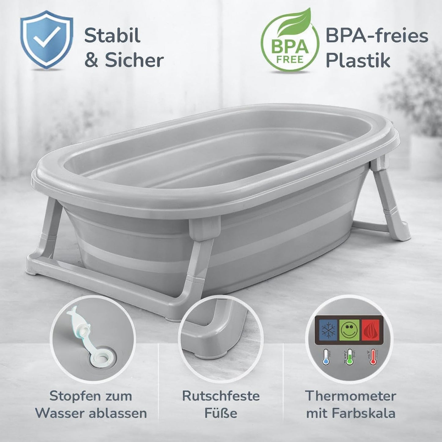 Faltbare Babybadewanne mit Abflussstopfen, Grau Badewanne