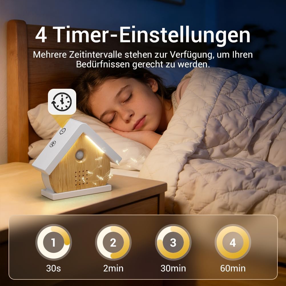 Vogelgezwitscher Box mit Bewegungssensor und Timerfunktion, Hausdesign (Naturholzfarbe)