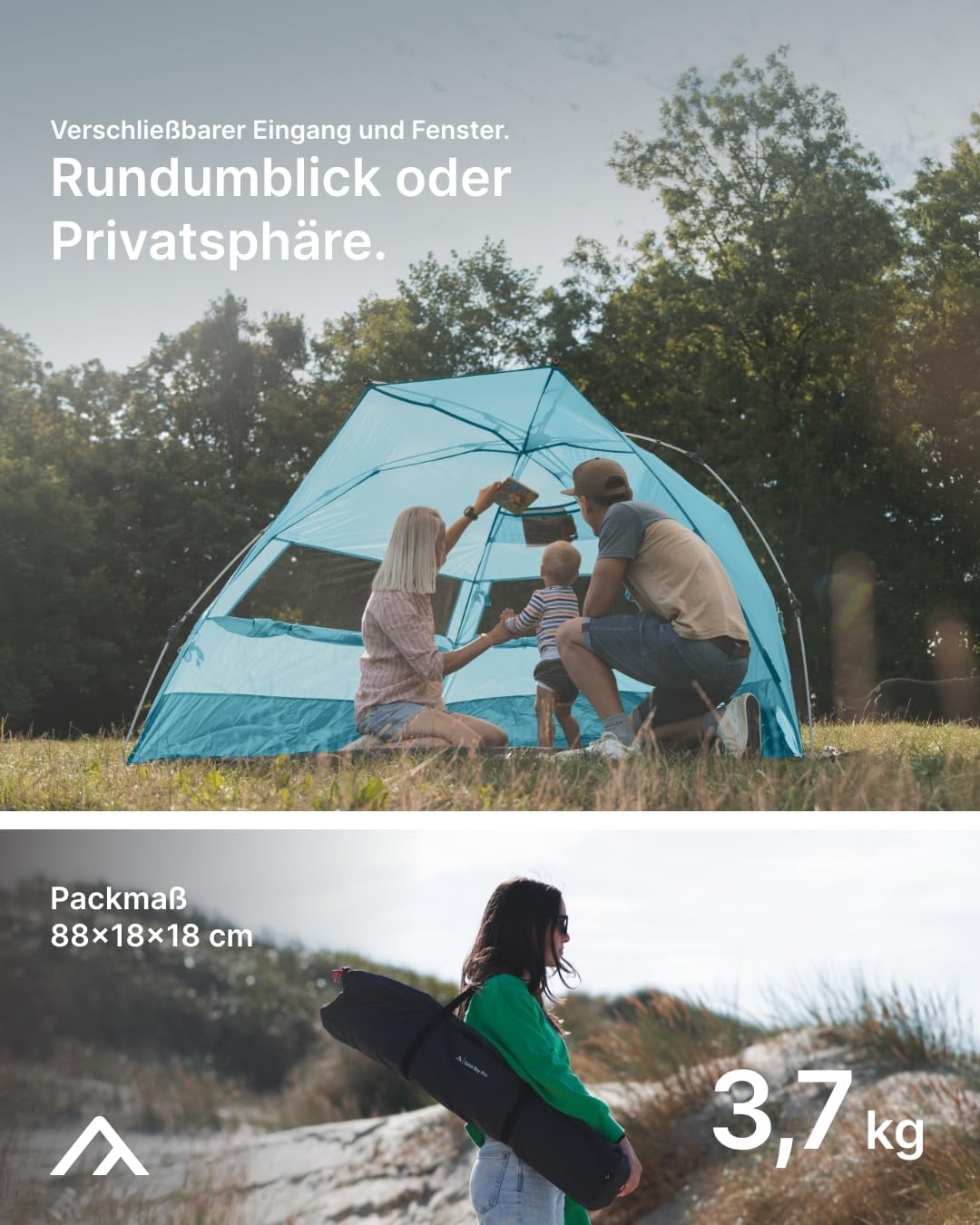 Strandmuschel Quick Bay Pro mit UV-Schutz für 3 Personen, Hellblau