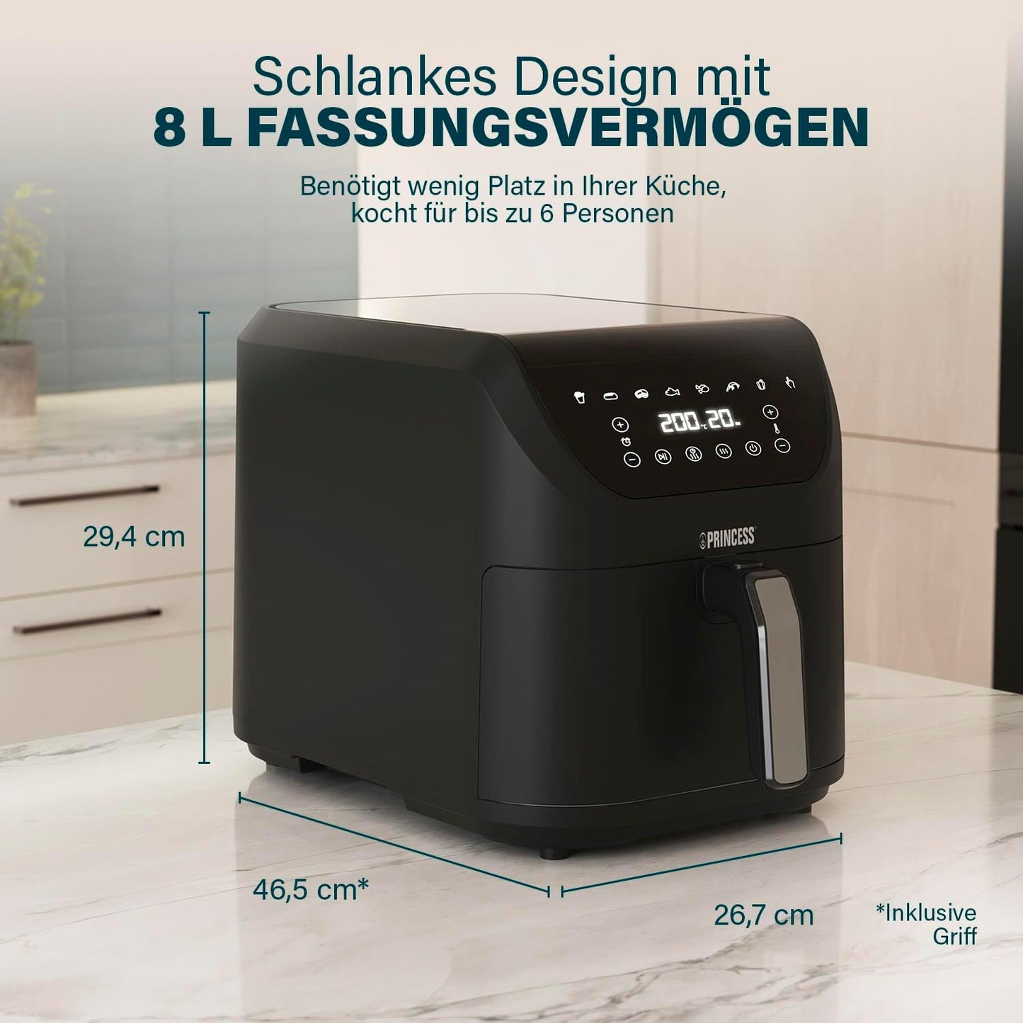 SlimFry Heissluftfritteuse mit 8 Programmen, Weisse Symbole 8 l