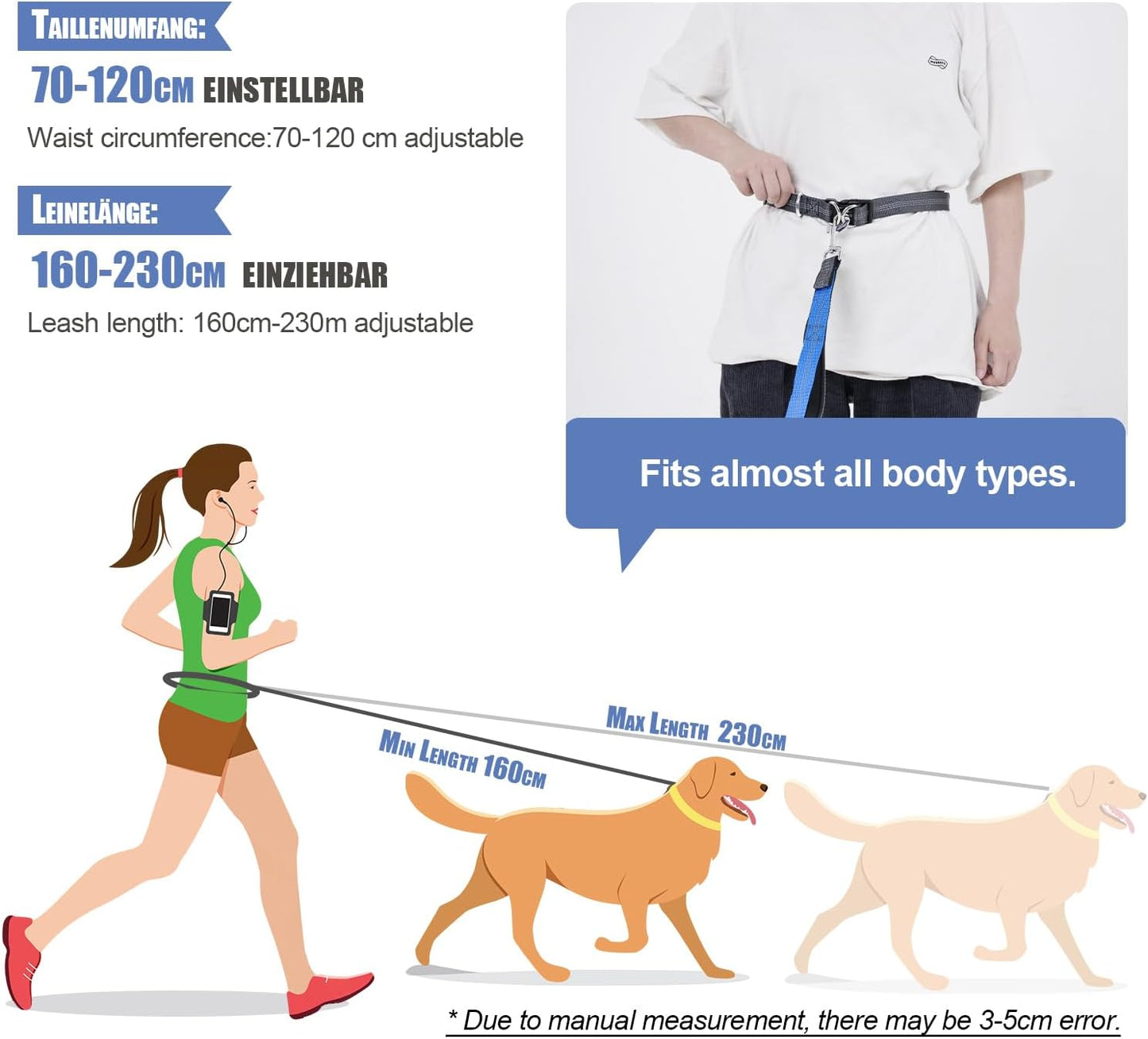 Elastische Joggingleine für Hunde mit Taillengürtel, Für einen Hund Grau & Königsblau