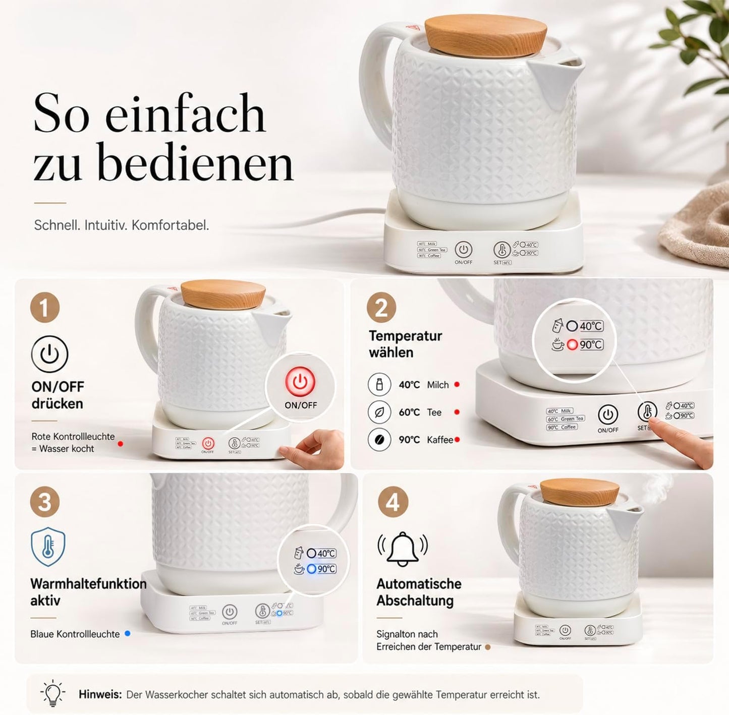 Keramik-Wasserkocher mit Temperatureinstellung