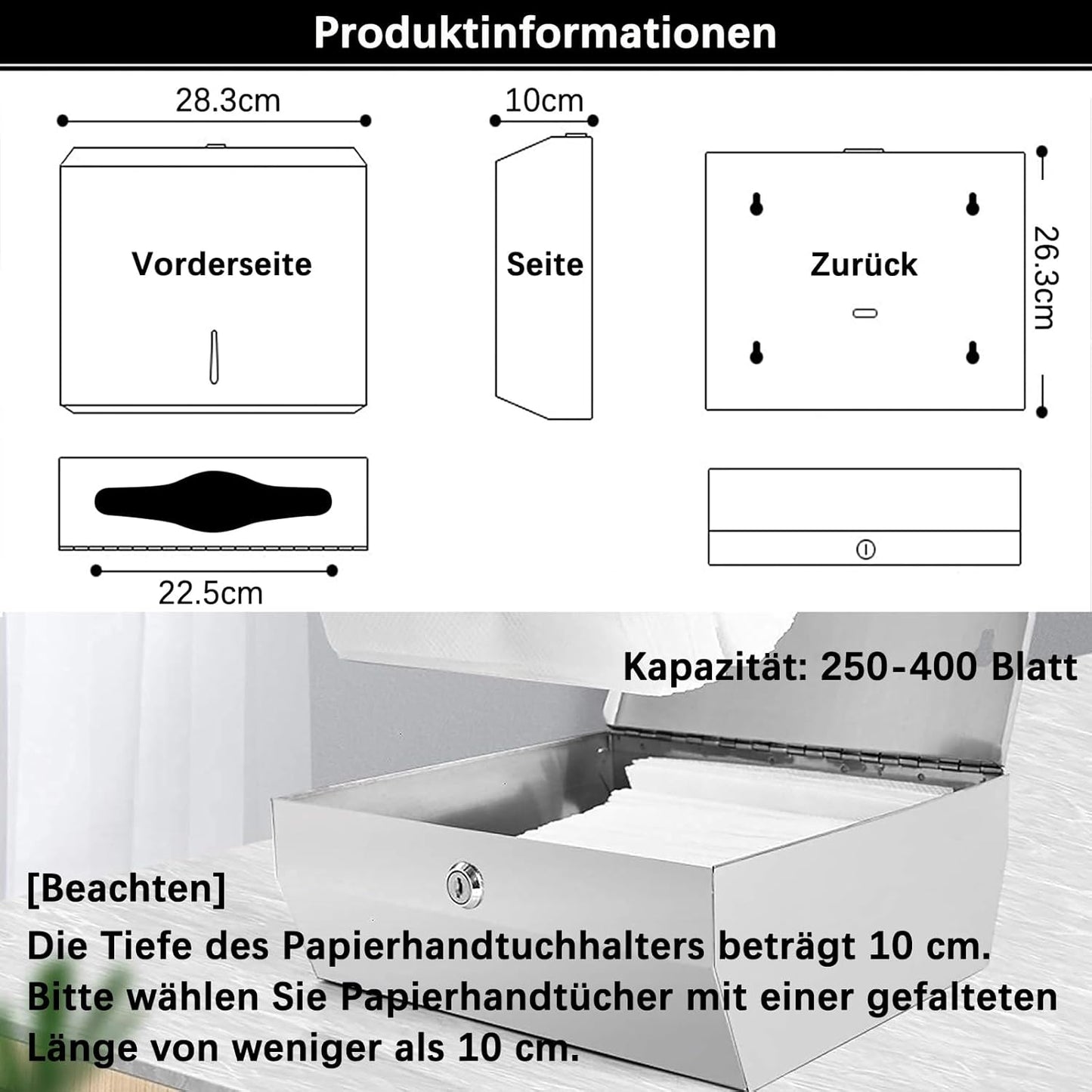 Wandmontierter Papierhandtuchspender, abschliessbar, Silber