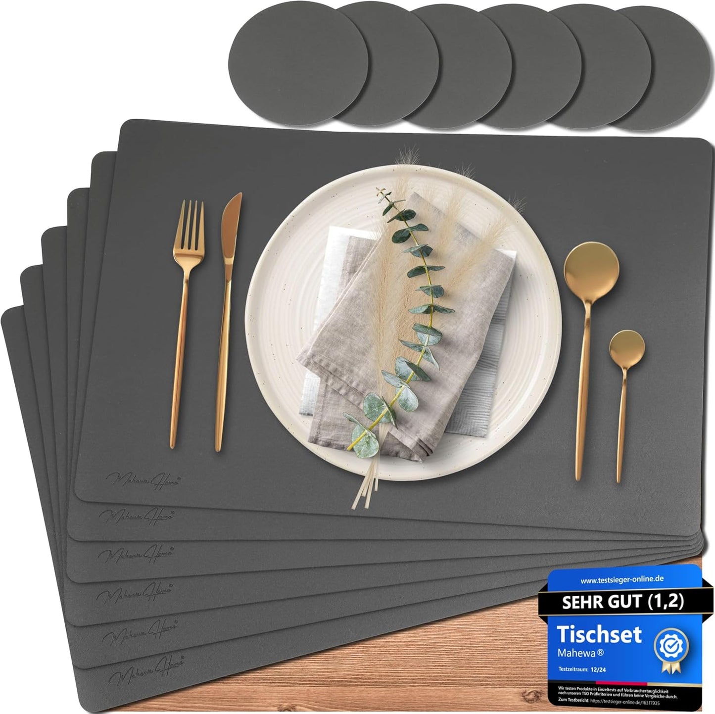 Premium Tischset aus Kunstleder (6er Set), Dunkelgrau Eckig