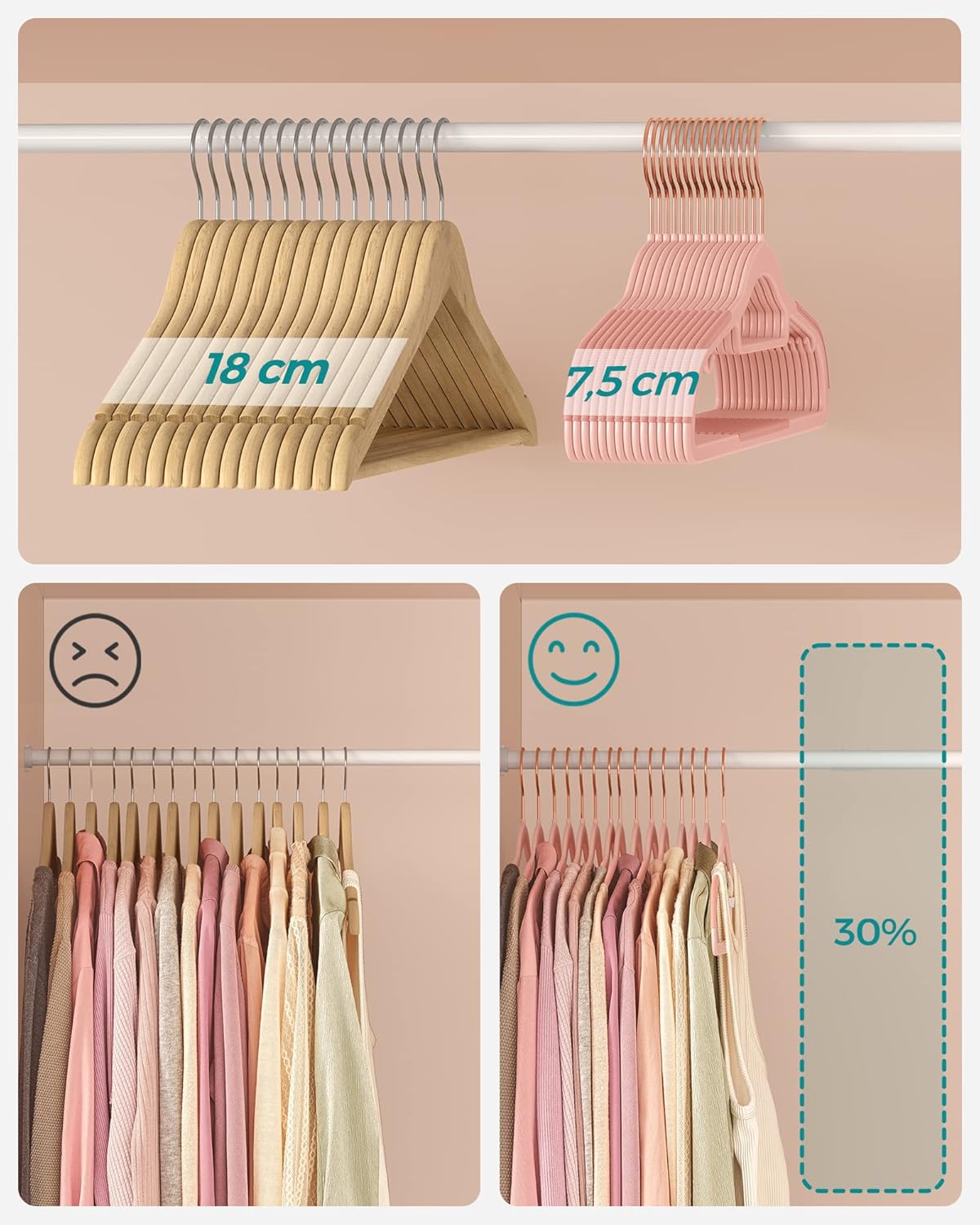 30er-Set Kleiderbügel, Roségold + Hellrosa + Rosa Set of 30