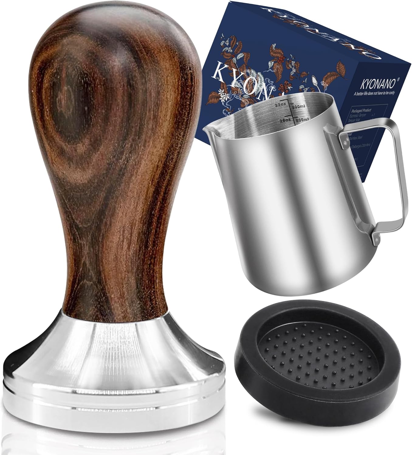3-teiliges Barista Set mit Tamper, Matte und Milchkännchen, 51mm Chacate Pretoholz