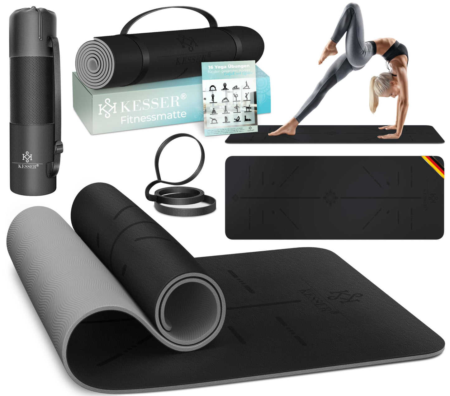 Yogamatte mit Tragegurt, Schwarz