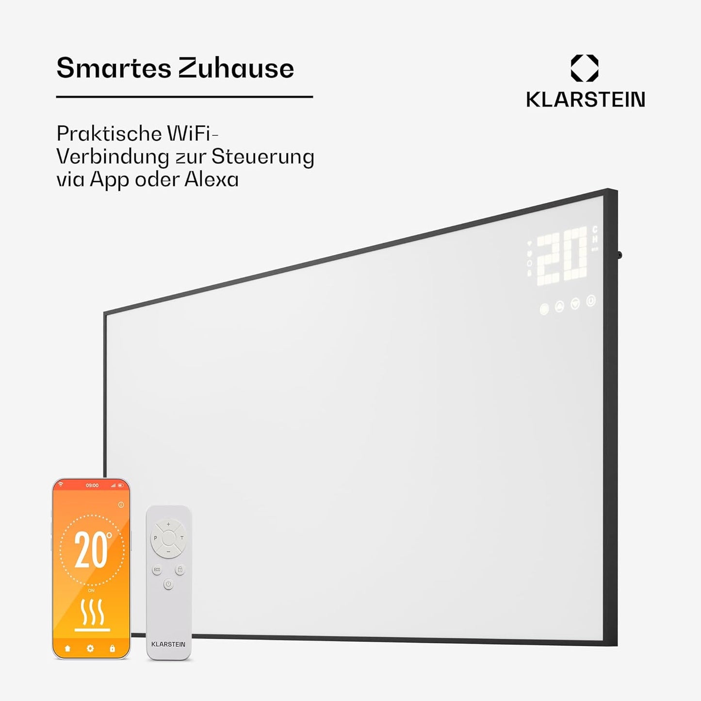 Infrarotheizung mit Thermostat & App-Steuerung, 770 W Weiss / Schwarz Horizontal