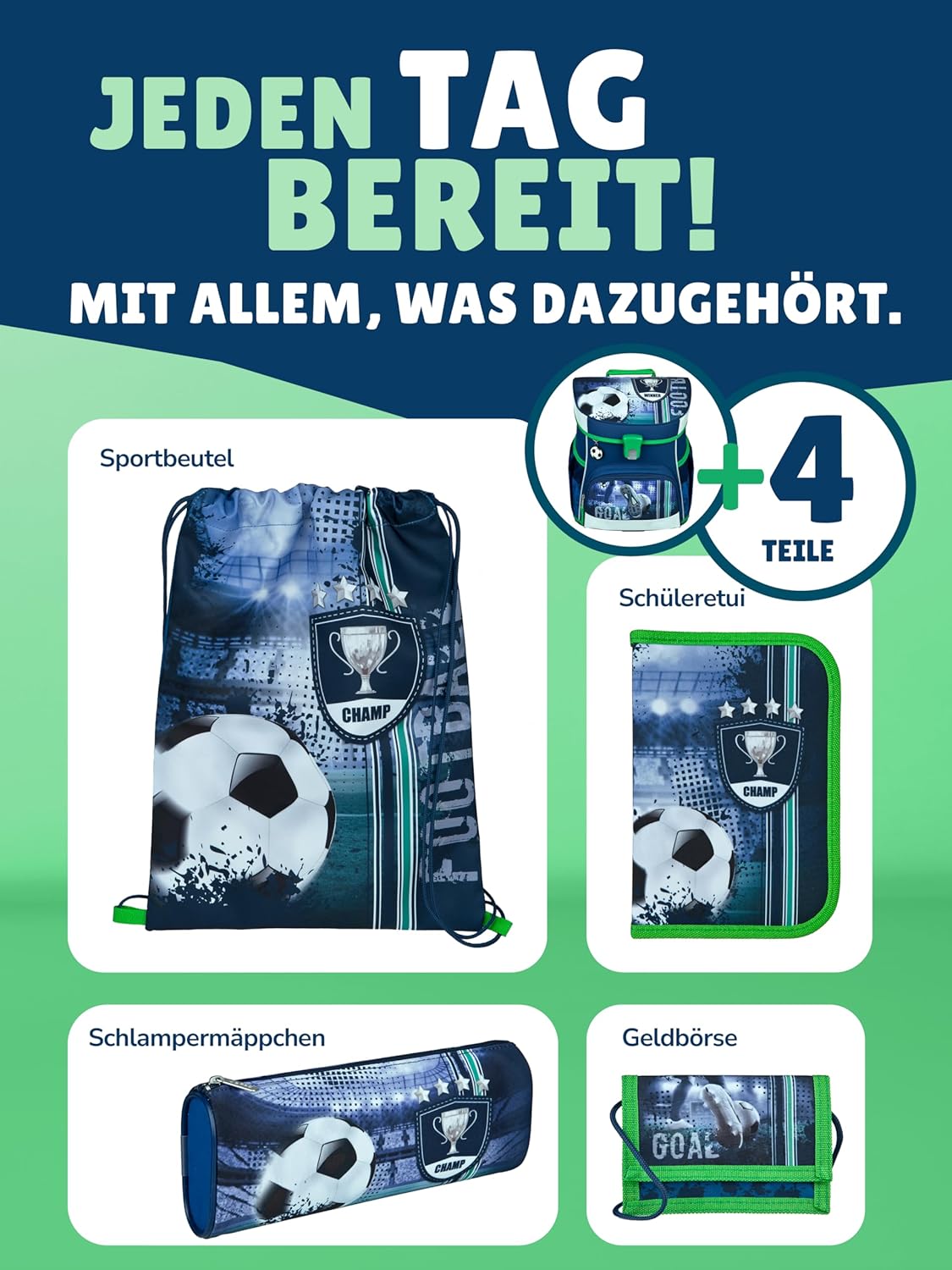 Schulranzen mit Fussballmotiv, Fussball Blau 5-teiliges Set mit Federmappe