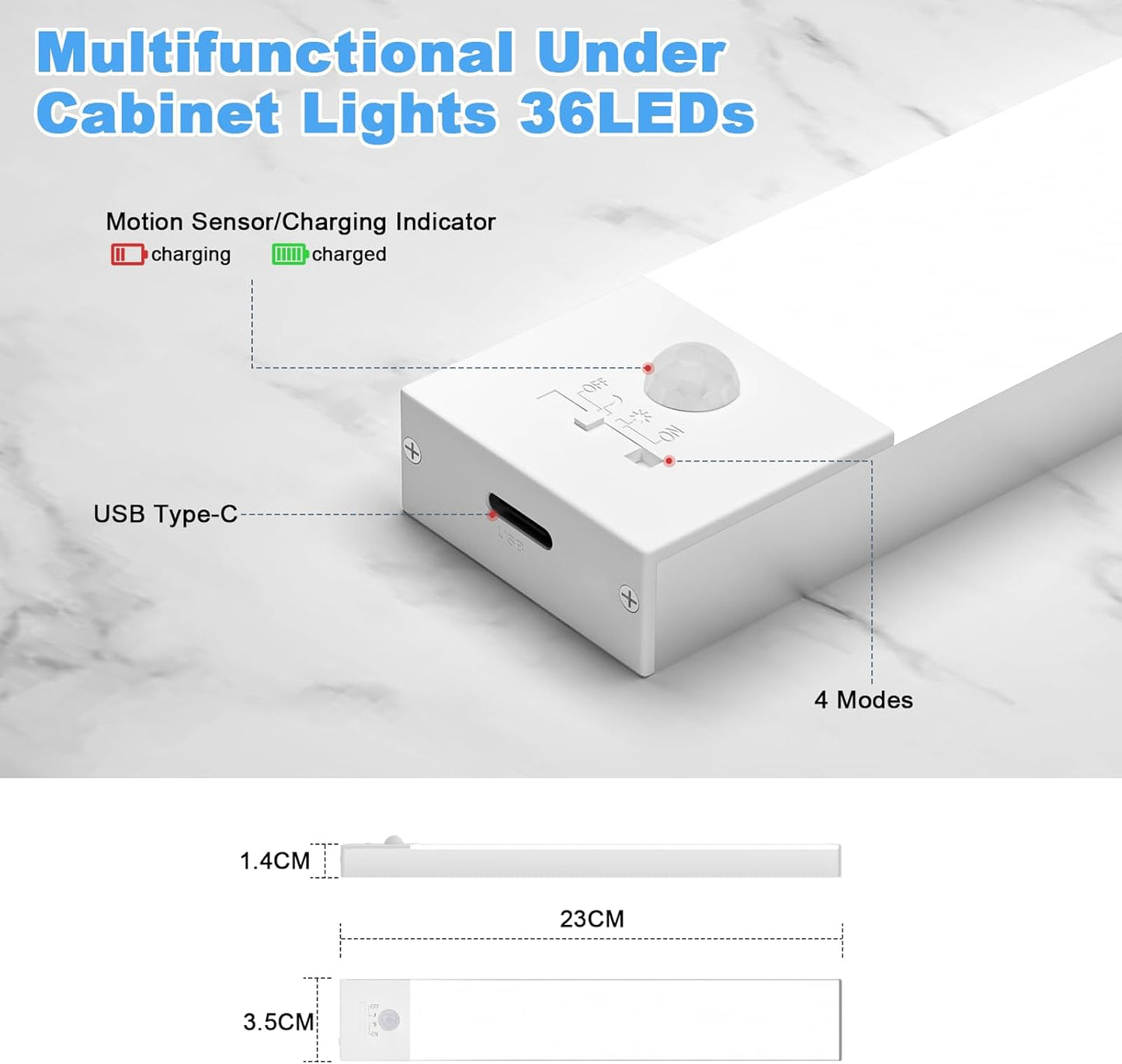 2 Stück LED Unterbauleuchte mit Bewegungsmelder, Weiß 5000k, 23CM - 2 Stück